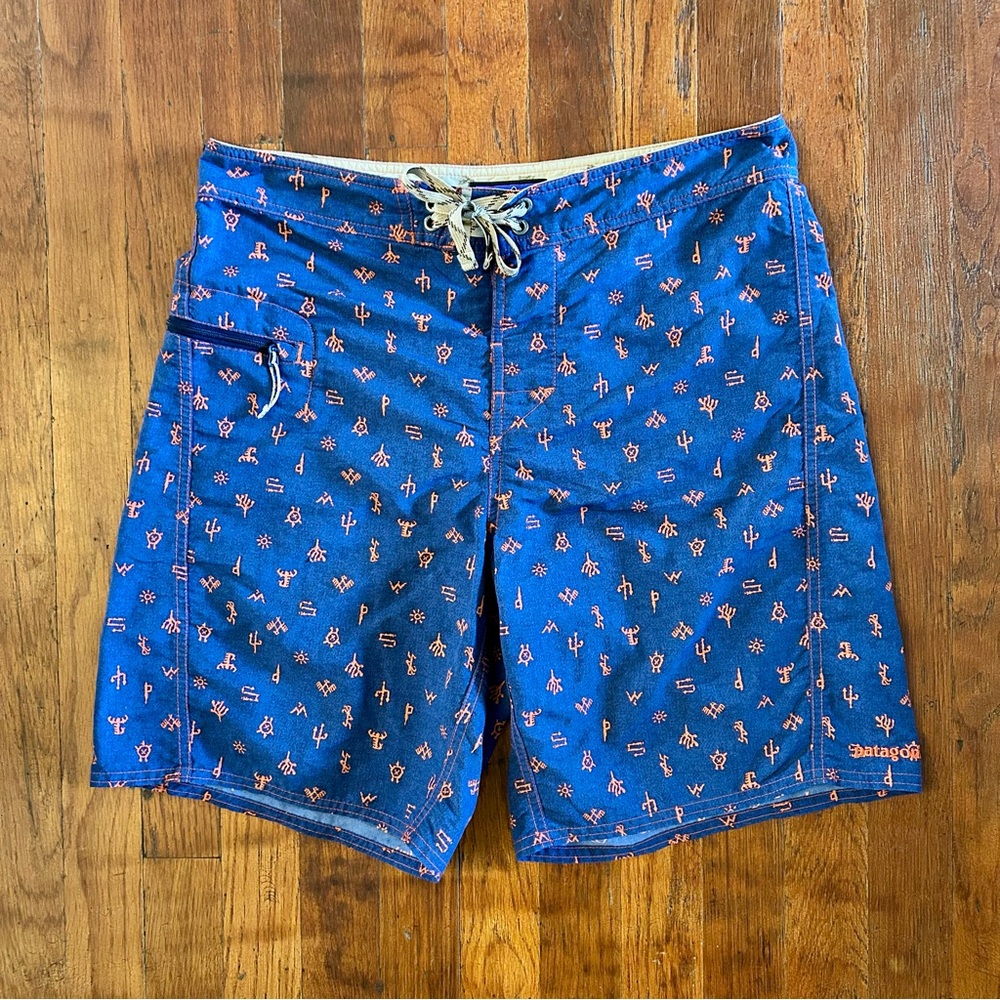 Patagonia Wavefarer Aztec Southwestern Surf Blue Orange Swimsuit Board Shorts 31